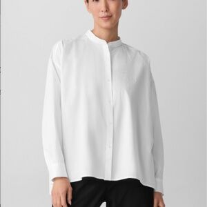 Eileen Fisher Petite Organic Cotton Band Collar Shirt – White – P/M